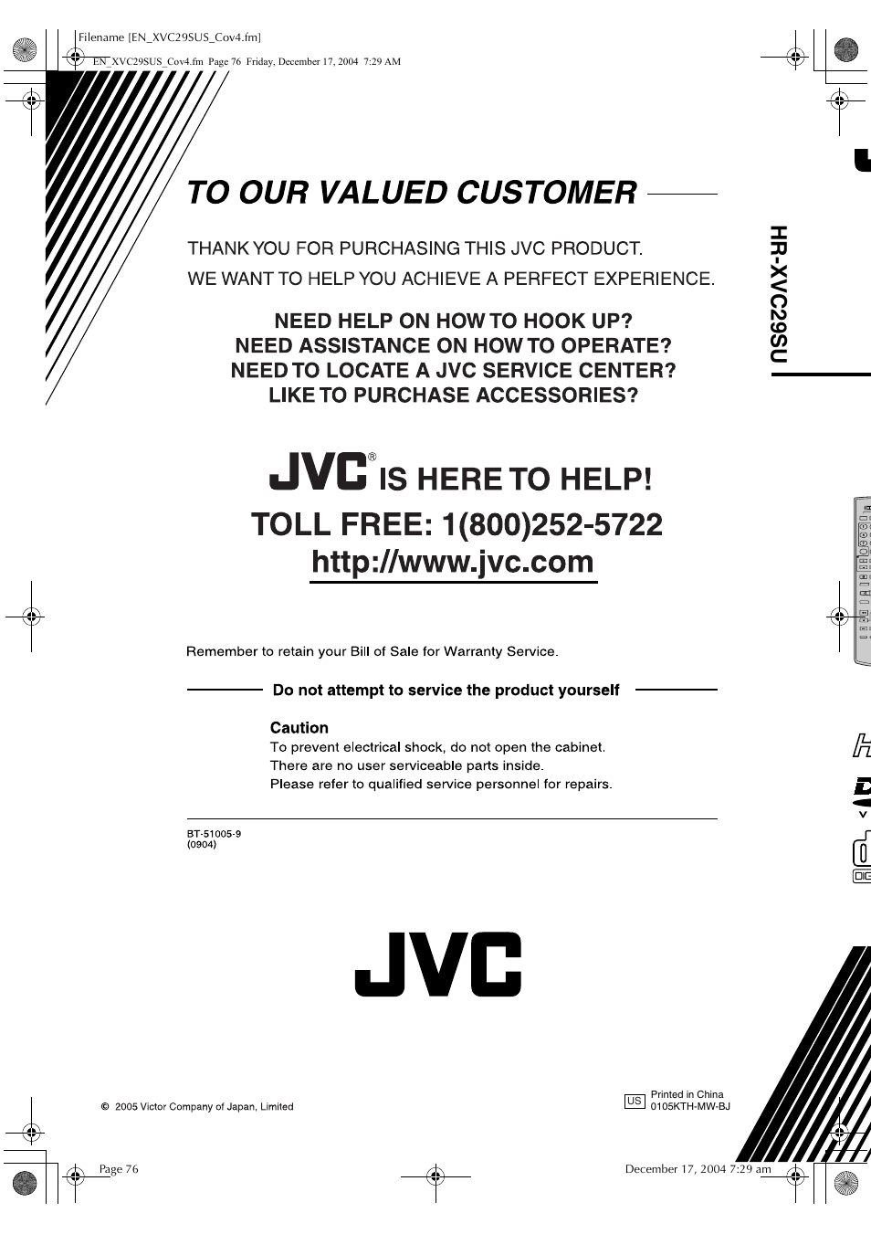 Hr- xv c2 9su | JVC HR-XVC29SU User Manual | Page 76 / 76