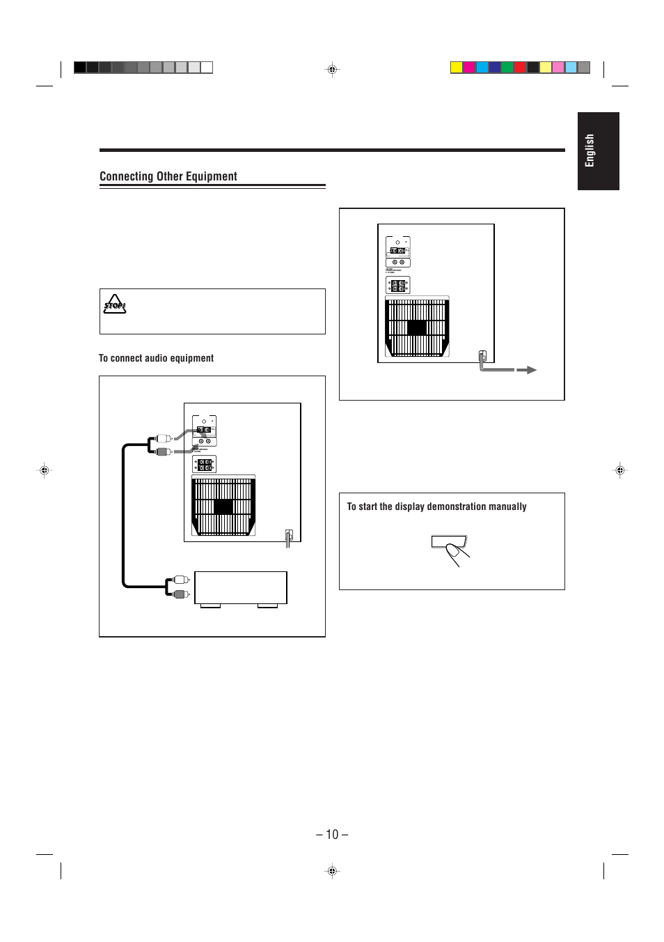 Connecting other equipment, English, Press and hold demo for more than 2 seconds | Right left, Audio equipment | JVC CA-MXJ200 User Manual | Page 15 / 42