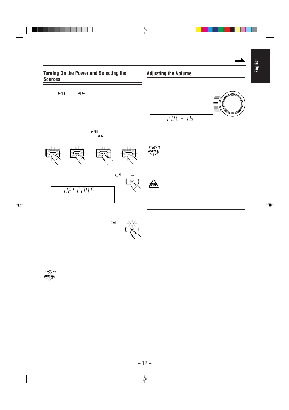 Adjusting the volume, Turning on the power and selecting the sources, English | JVC CA-MXJ200 User Manual | Page 17 / 42