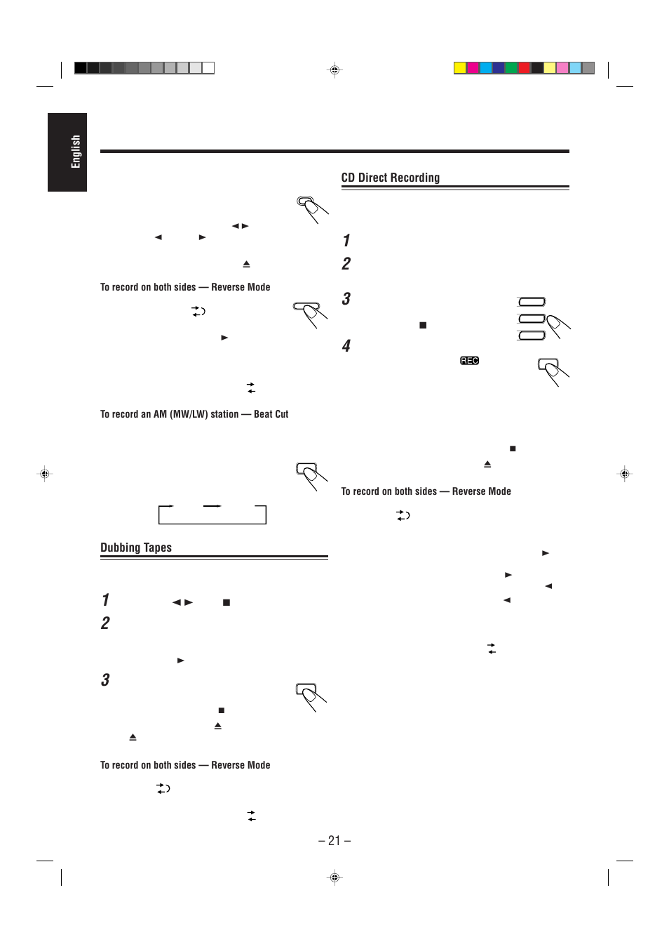 Cd direct recording, Dubbing tapes | JVC CA-MXJ200 User Manual | Page 26 / 42