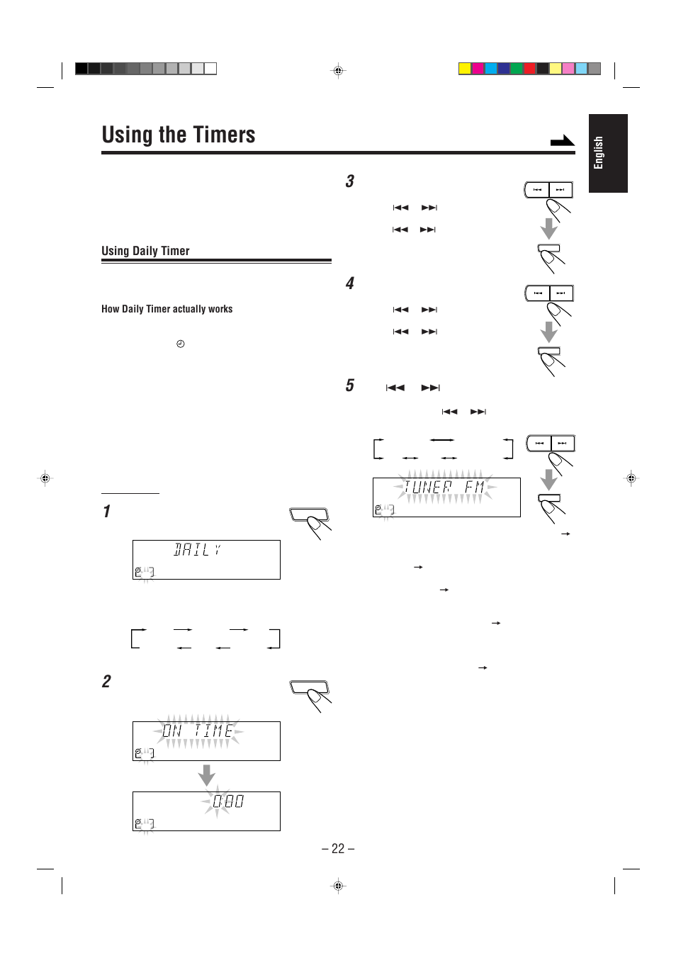 Using the timers, Using daily timer, English | On the unit, Press clock/timer again, Set the on-time you want the unit to turn on | JVC CA-MXJ200 User Manual | Page 27 / 42