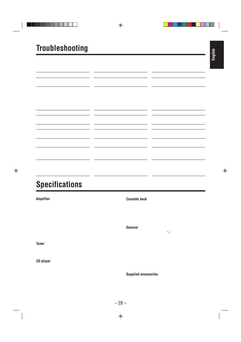 Troubleshooting, Specifications, English | JVC CA-MXJ200 User Manual | Page 33 / 42