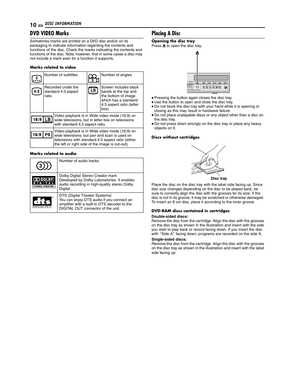 Dvd video marks, Placing a disc | JVC SR-DVM700U User Manual | Page 10 / 88