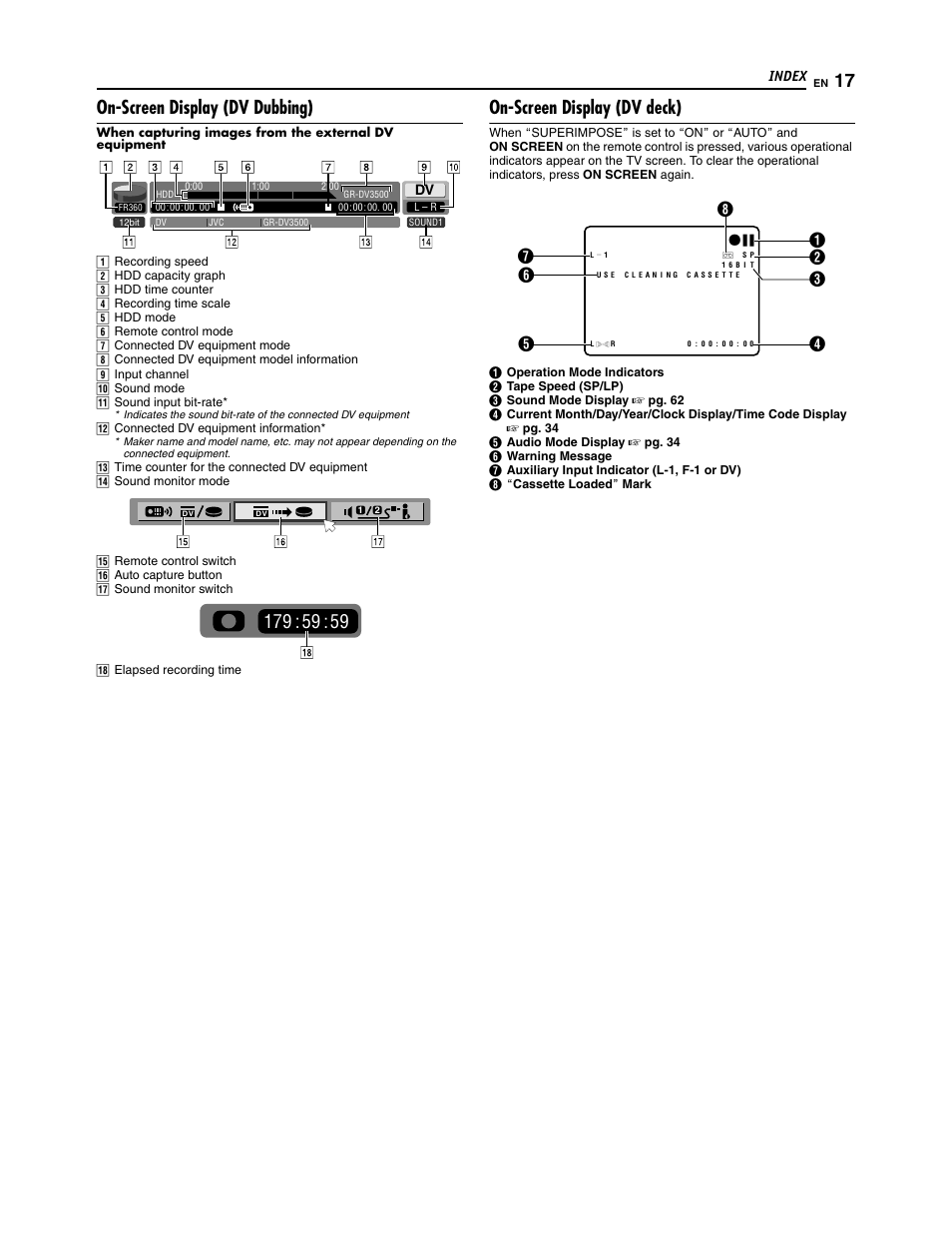 On-screen display (dv dubbing), On-screen display (dv deck) | JVC SR-DVM700U User Manual | Page 17 / 88