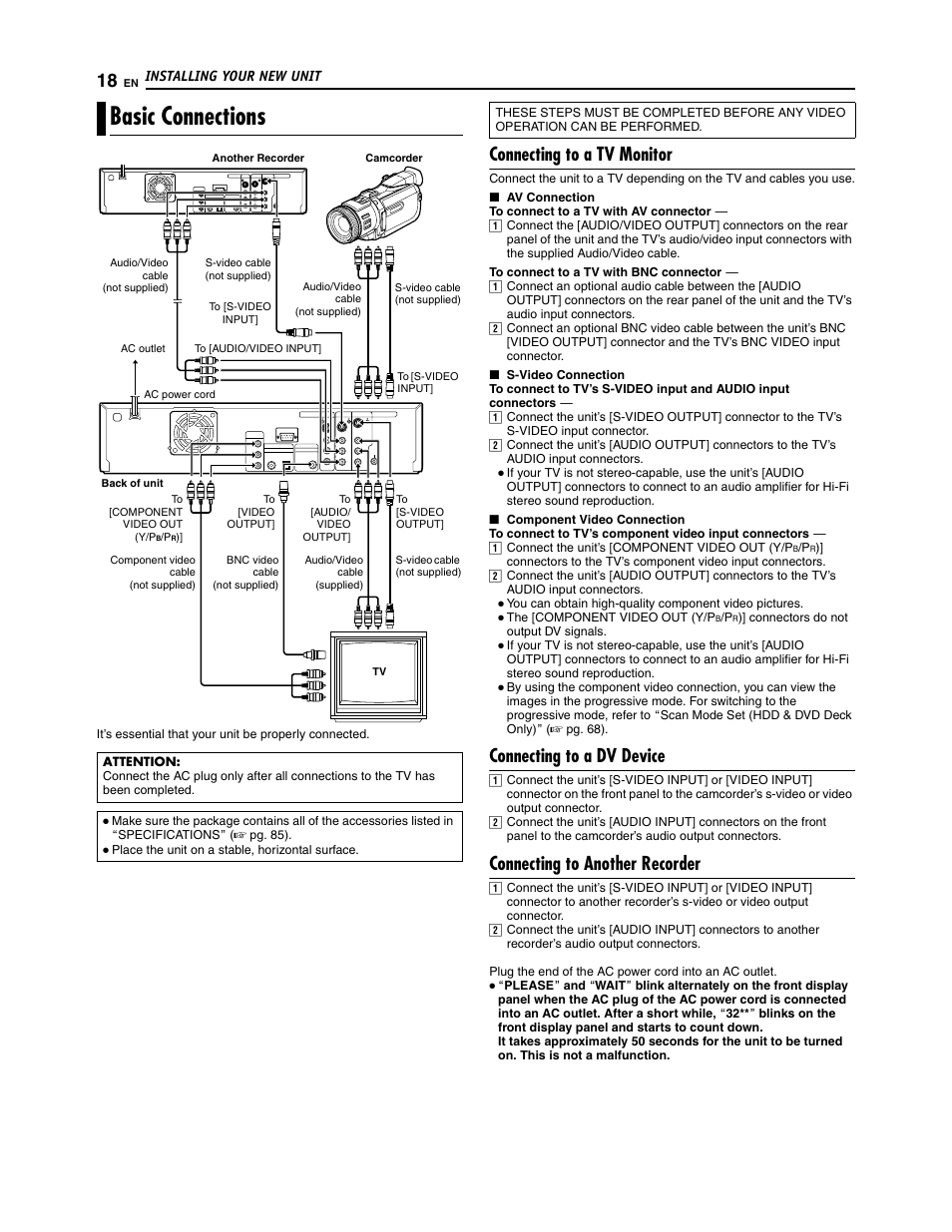 Basic connections, Connecting to a tv monitor, Connecting to a dv device | Connecting to another recorder | JVC SR-DVM700U User Manual | Page 18 / 88