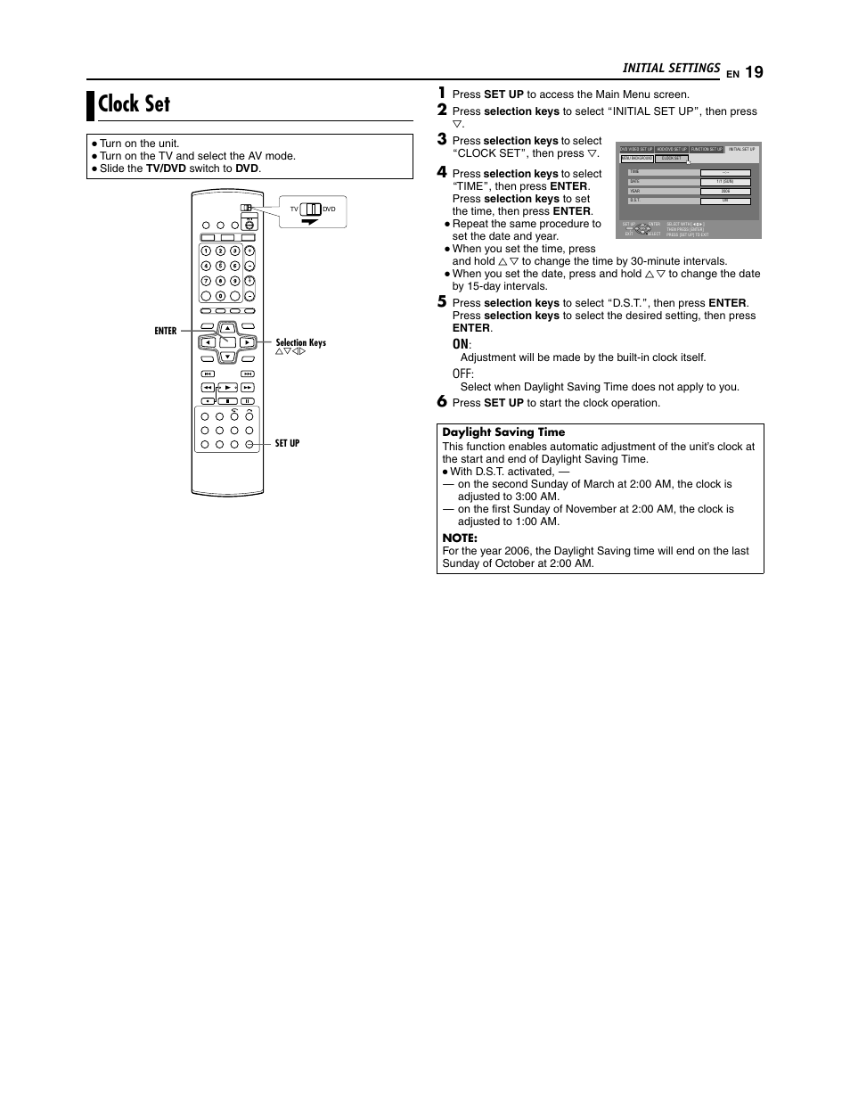 Clock set, Initial settings | JVC SR-DVM700U User Manual | Page 19 / 88