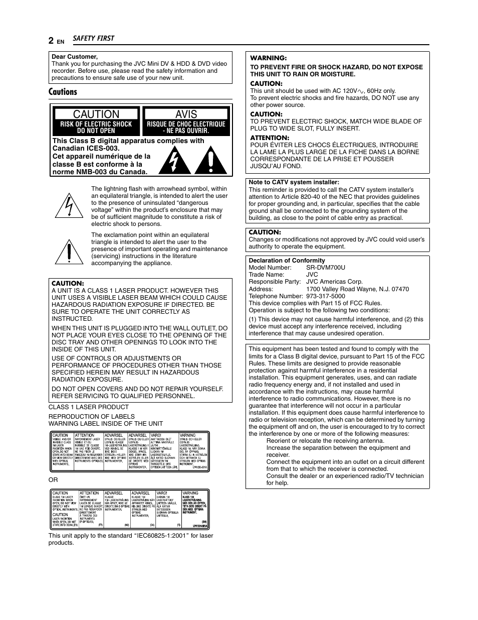 Caution avis, Cautions | JVC SR-DVM700U User Manual | Page 2 / 88