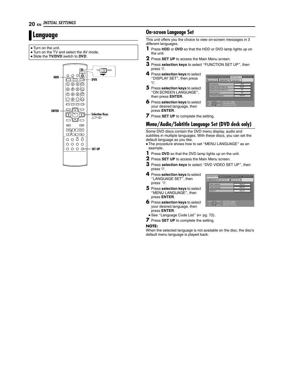 Language, On-screen language set, Menu/audio/subtitle language set (dvd deck only) | Initial settings | JVC SR-DVM700U User Manual | Page 20 / 88