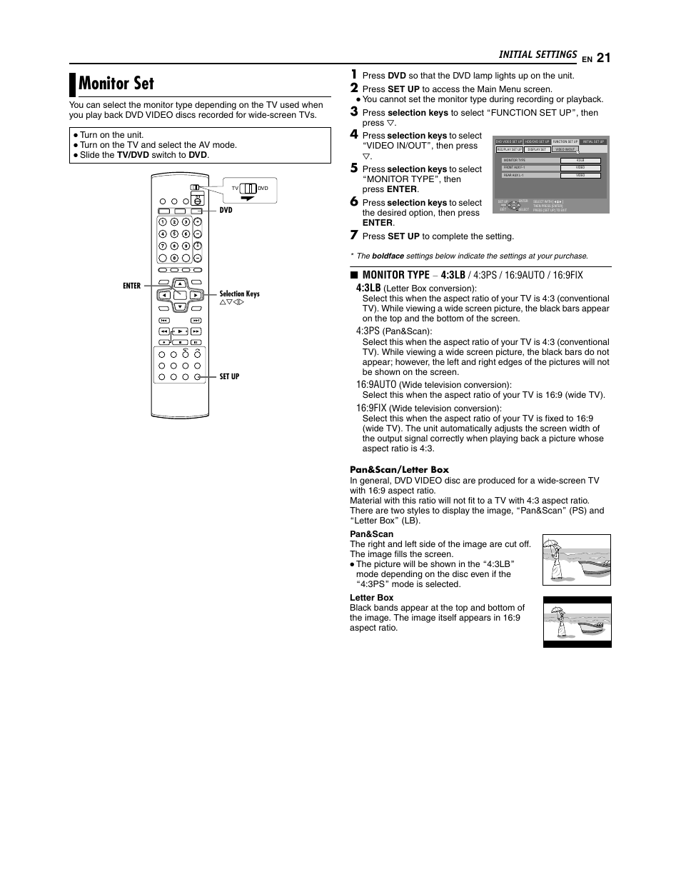 Monitor set, Initial settings, 8 monitor type | 9auto, 9fix | JVC SR-DVM700U User Manual | Page 21 / 88