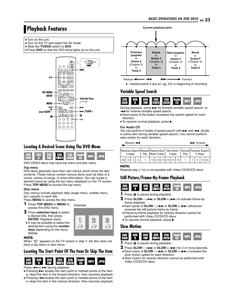 Playback features, Locating a desired scene using the dvd menu, Variable speed search | Still picture/frame-by-frame playback, Slow motion | JVC SR-DVM700U User Manual | Page 23 / 88