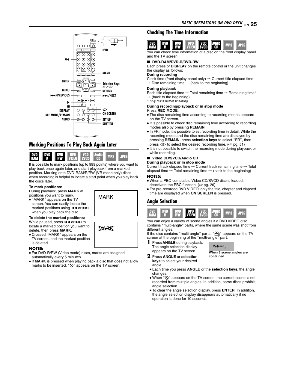 Marking positions to play back again later, Checking the time information, Angle selection | JVC SR-DVM700U User Manual | Page 25 / 88