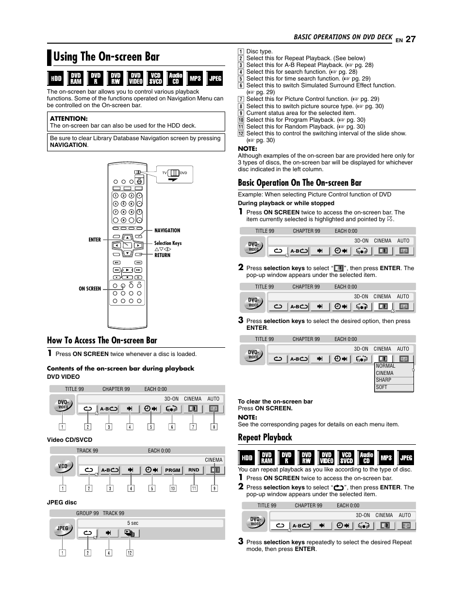 Using the on-screen bar, How to access the on-screen bar, Basic operation on the on-screen bar | Repeat playback | JVC SR-DVM700U User Manual | Page 27 / 88