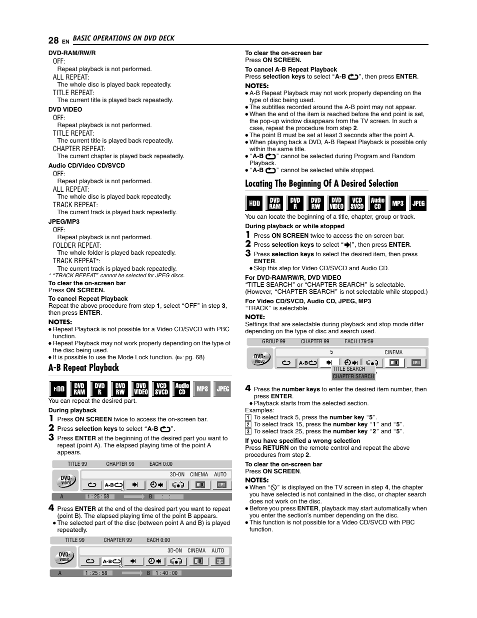 A-b repeat playback, Locating the beginning of a desired selection | JVC SR-DVM700U User Manual | Page 28 / 88