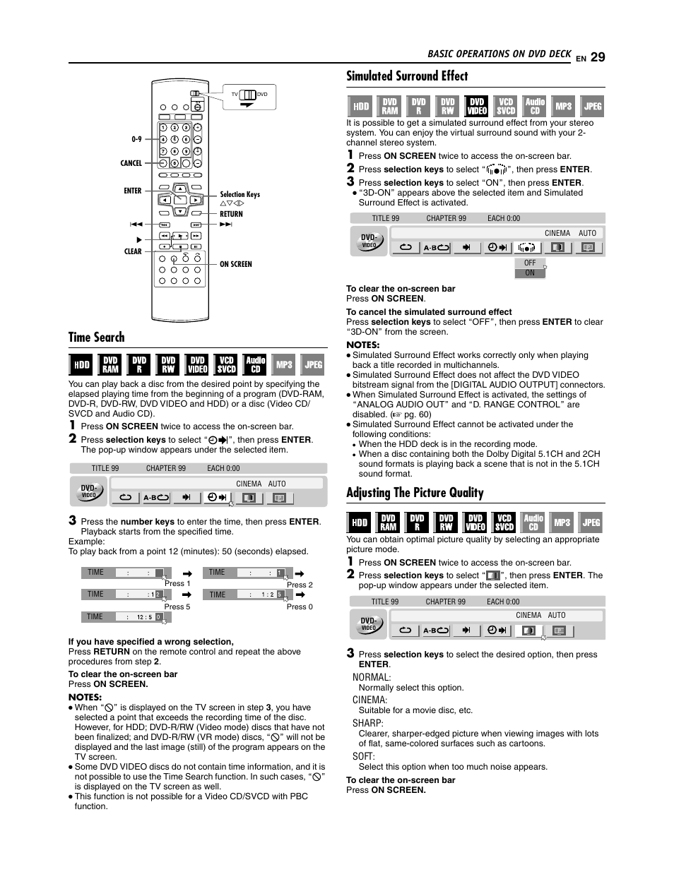 Time search, Simulated surround effect, Adjusting the picture quality | JVC SR-DVM700U User Manual | Page 29 / 88