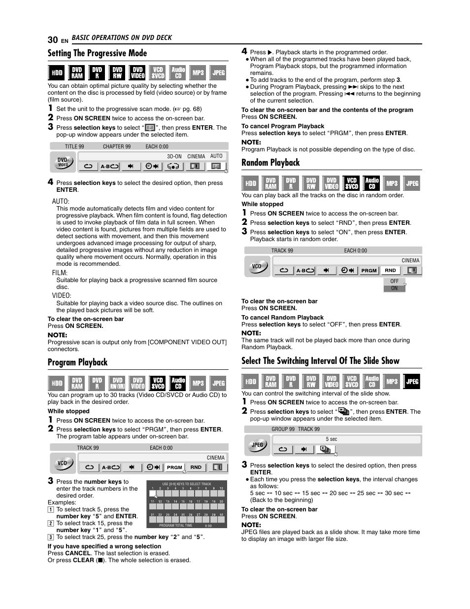 Setting the progressive mode, Program playback, Random playback | Select the switching interval of the slide show | JVC SR-DVM700U User Manual | Page 30 / 88