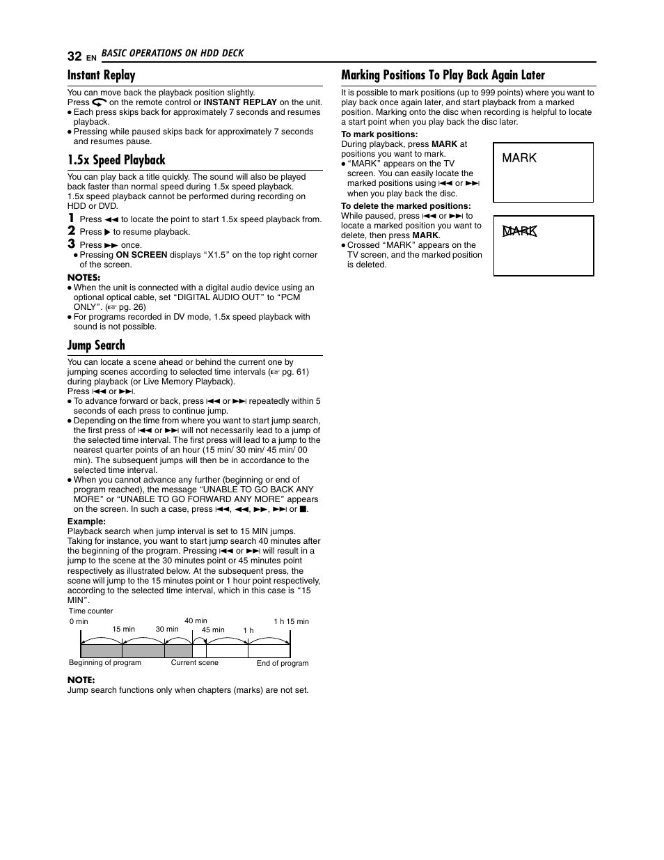 Instant replay, 5x speed playback, Jump search | Marking positions to play back again later | JVC SR-DVM700U User Manual | Page 32 / 88