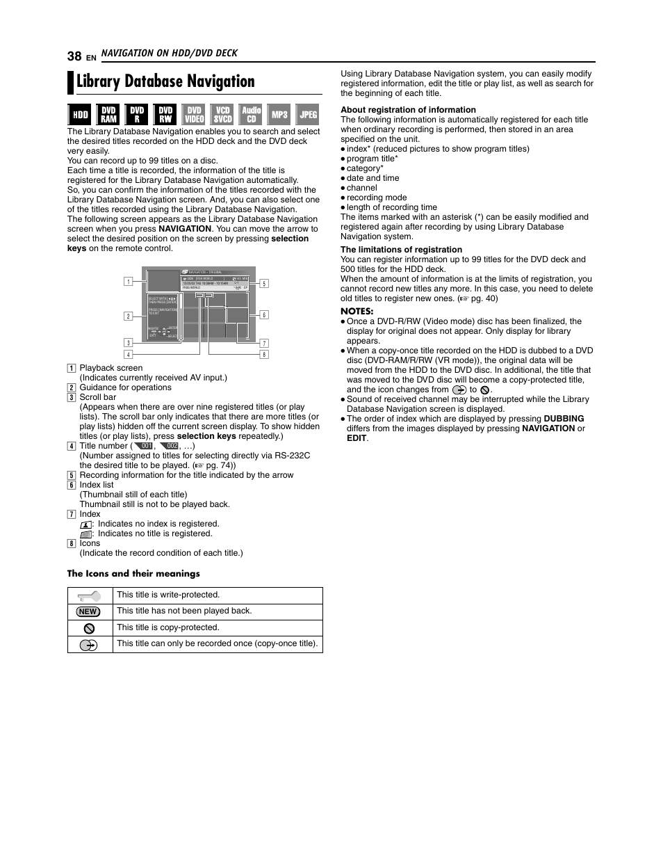 Library database navigation, Navigation on hdd/dvd deck | JVC SR-DVM700U User Manual | Page 38 / 88