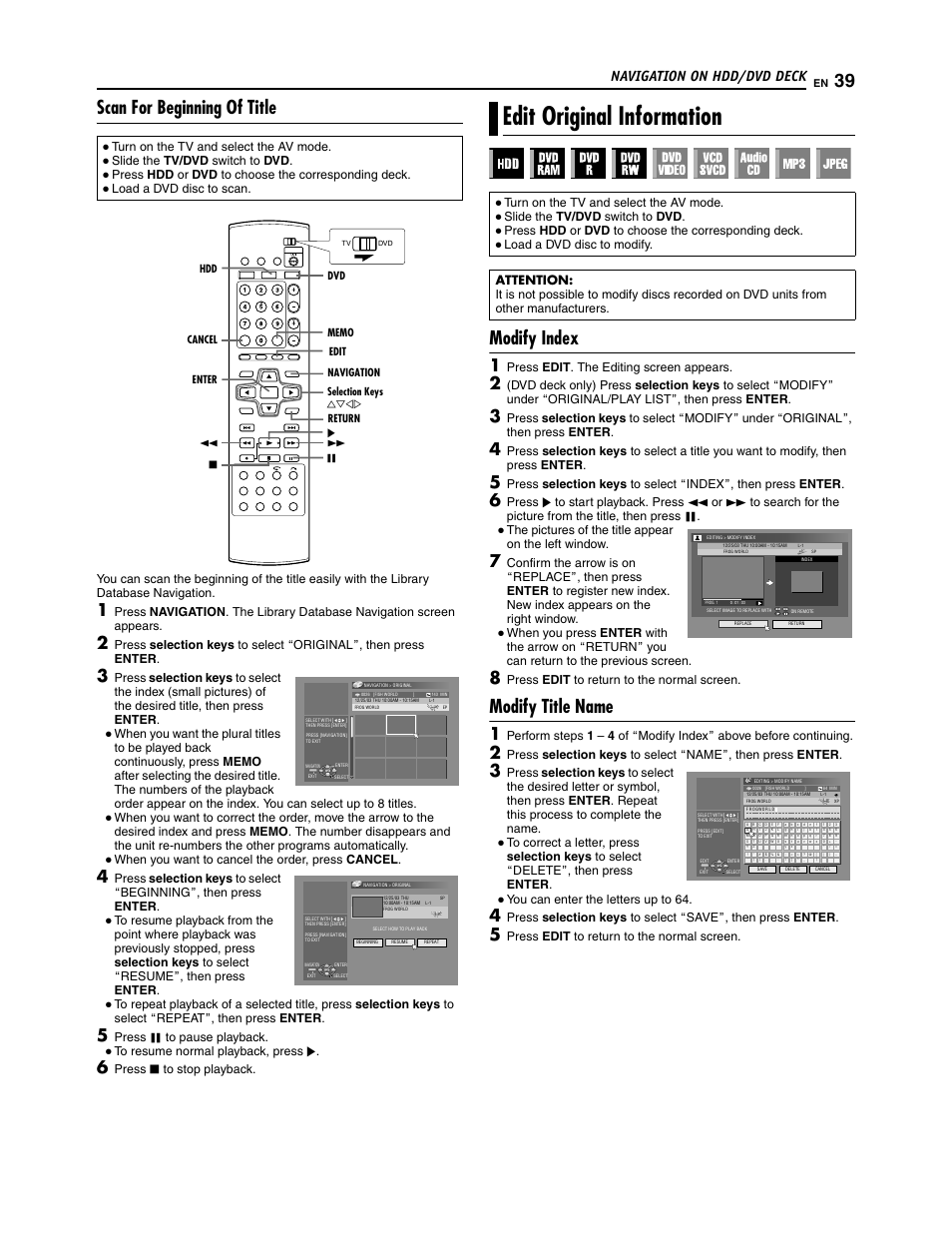 Edit original information, Scan for beginning of title, Modify index | Modify title name, Navigation on hdd/dvd deck, When you want to cancel the order, press cancel, Press w to pause playback, Press o to stop playback, Press edit . the editing screen appears, Press edit to return to the normal screen | JVC SR-DVM700U User Manual | Page 39 / 88