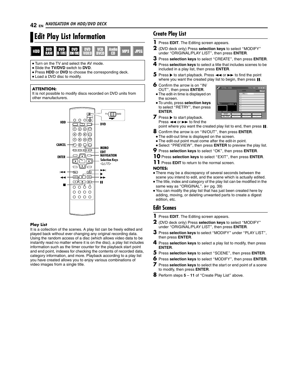 Edit play list information, Create play list, Edit scenes | JVC SR-DVM700U User Manual | Page 42 / 88