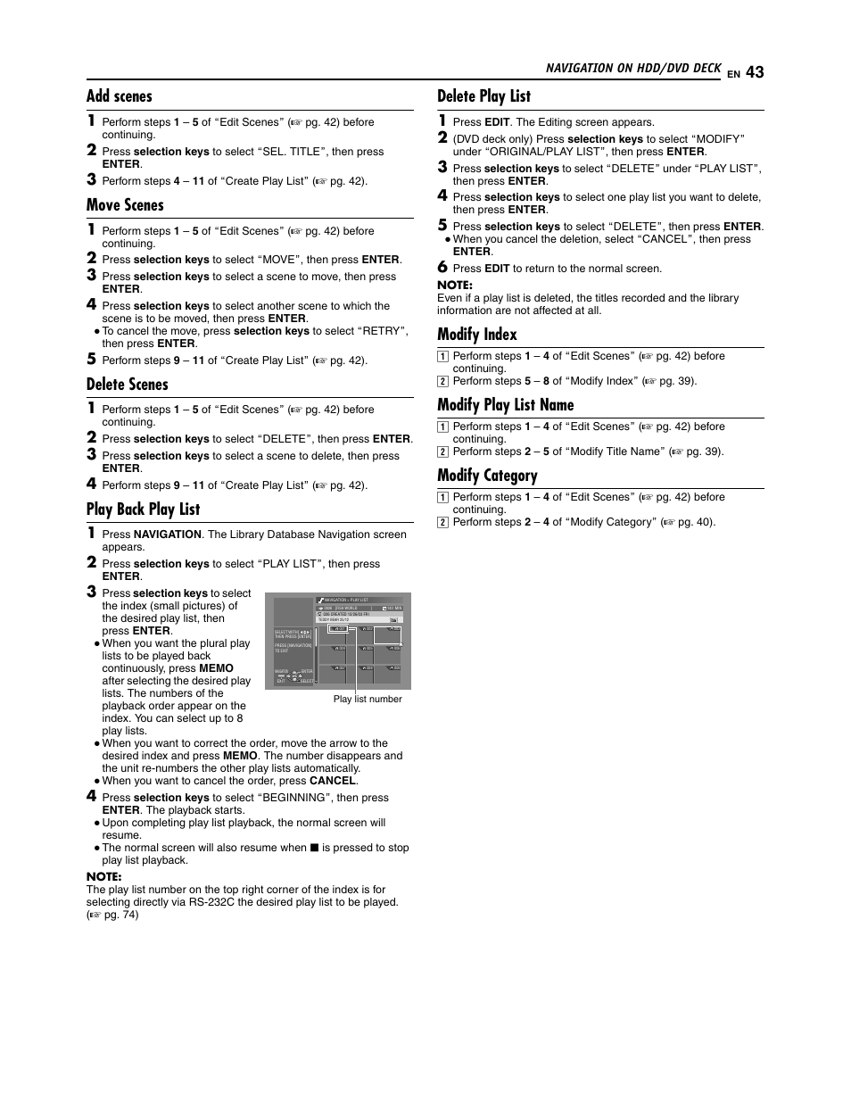 Add scenes, Move scenes, Delete scenes | Play back play list, Delete play list, Modify index, Modify play list name, Modify category | JVC SR-DVM700U User Manual | Page 43 / 88