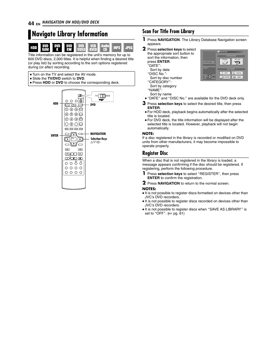 Navigate library information, Scan for title from library, Register disc | Navigation on hdd/dvd deck | JVC SR-DVM700U User Manual | Page 44 / 88