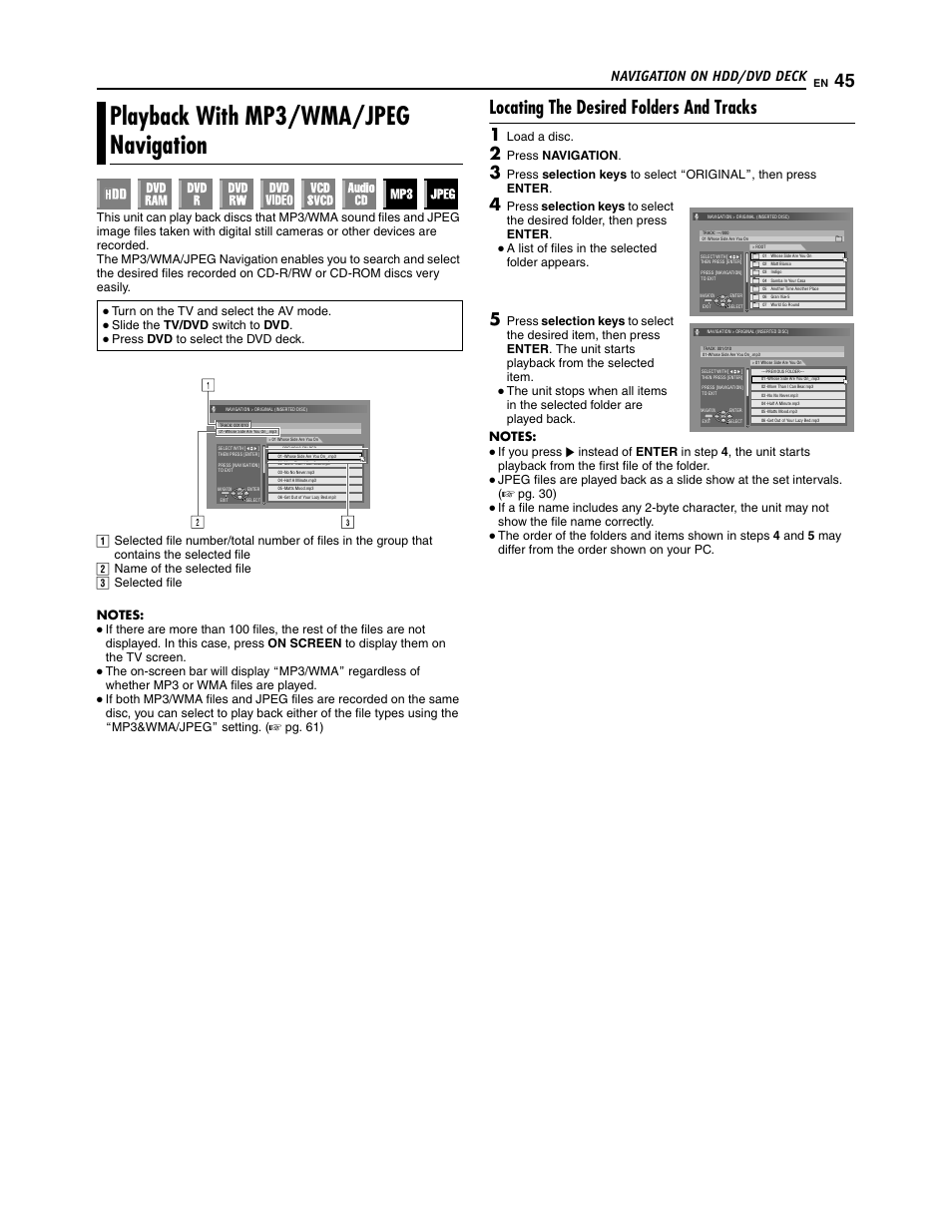 Playback with mp3/wma/jpeg navigation, Locating the desired folders and tracks, Navigation on hdd/dvd deck | Load a disc, Press navigation, A list of files in the selected folder appears, Turn on the tv and select the av mode, Slide the tv/dvd switch to dvd, Press dvd to select the dvd deck | JVC SR-DVM700U User Manual | Page 45 / 88