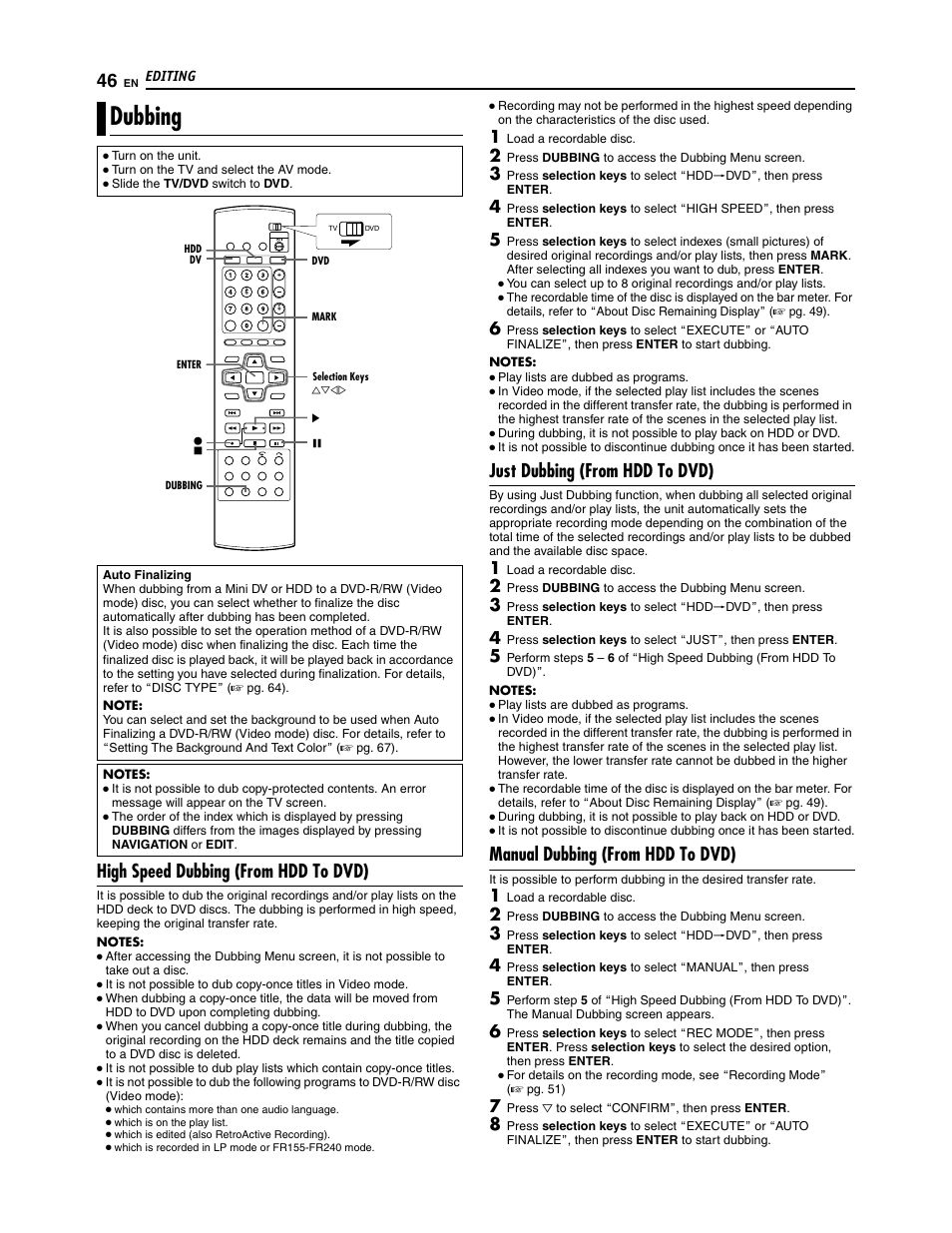 Dubbing, High speed dubbing (from hdd to dvd), Just dubbing (from hdd to dvd) | Manual dubbing (from hdd to dvd) | JVC SR-DVM700U User Manual | Page 46 / 88