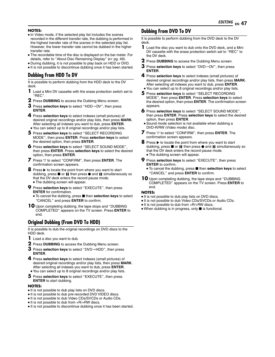 Dubbing from hdd to dv, Original dubbing (from dvd to hdd), Dubbing from dvd to dv | JVC SR-DVM700U User Manual | Page 47 / 88