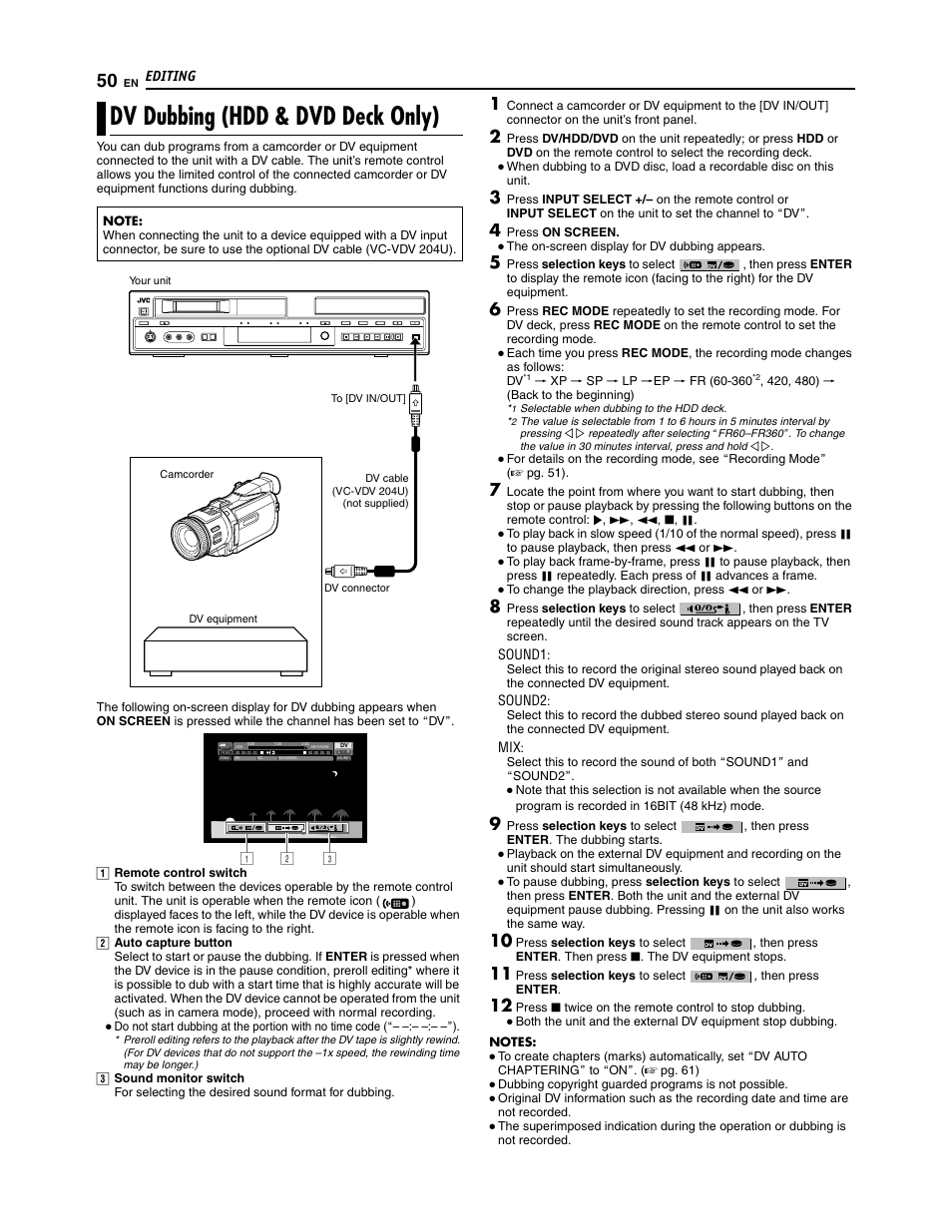 Dv dubbing (hdd & dvd deck only) | JVC SR-DVM700U User Manual | Page 50 / 88