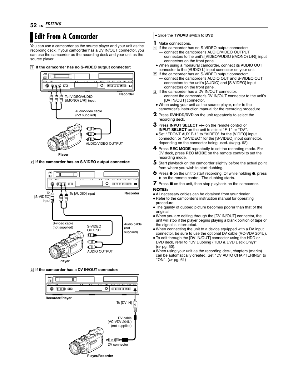 Edit from a camcorder | JVC SR-DVM700U User Manual | Page 52 / 88