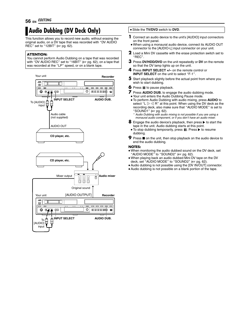 Audio dubbing (dv deck only) | JVC SR-DVM700U User Manual | Page 56 / 88