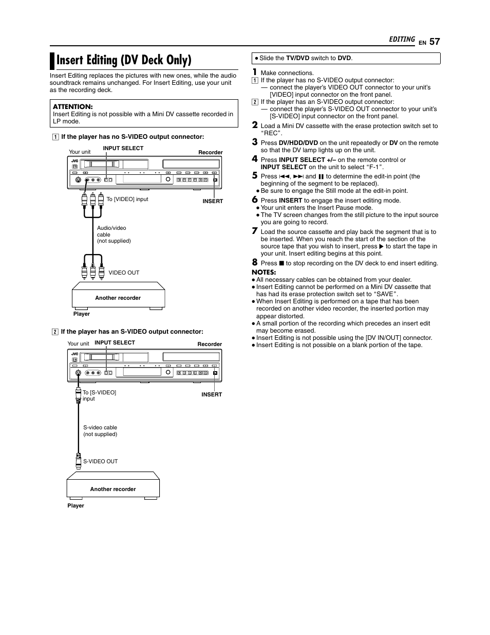 Insert editing (dv deck only) | JVC SR-DVM700U User Manual | Page 57 / 88