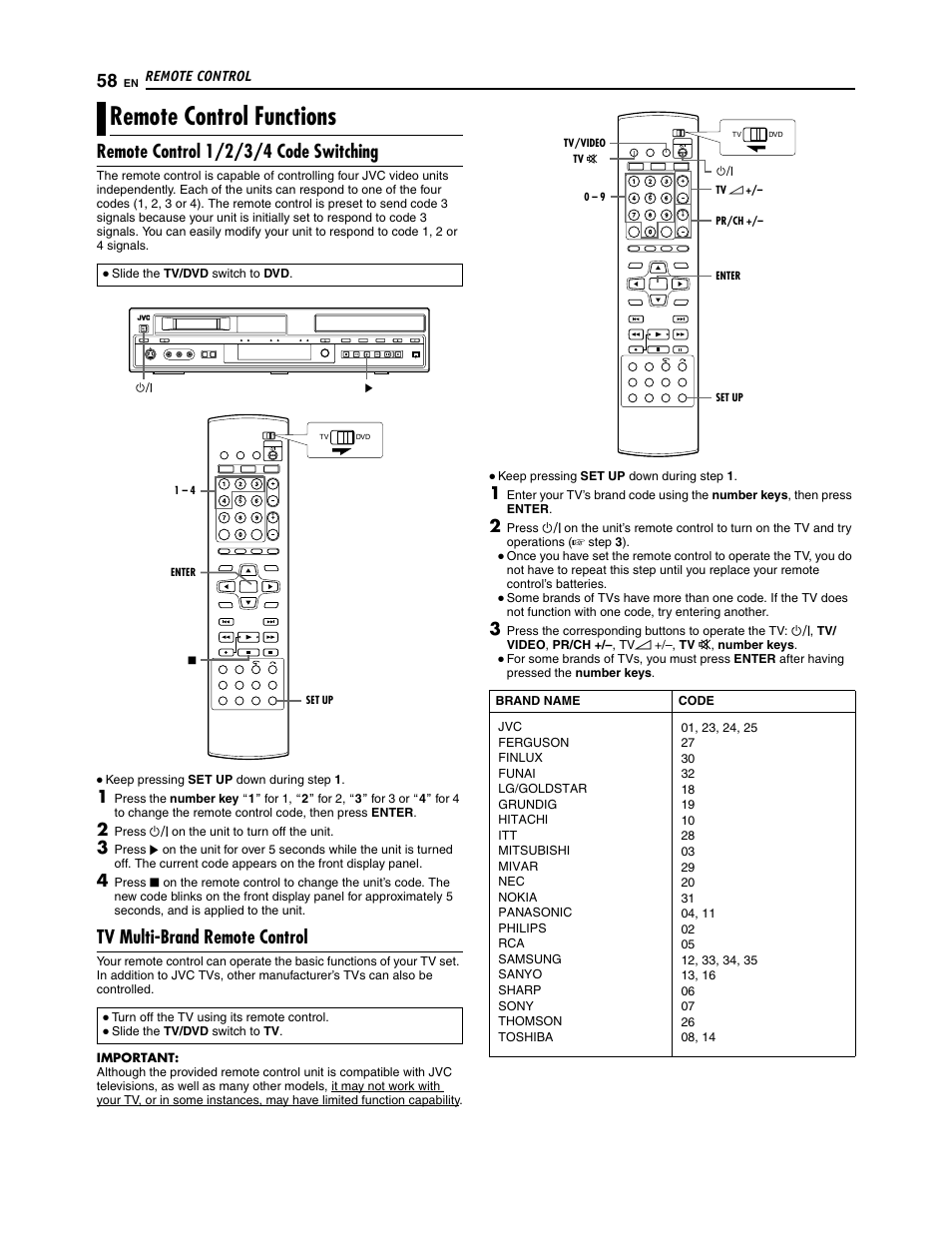 Remote control functions, Remote control 1/2/3/4 code switching, Tv multi-brand remote control | JVC SR-DVM700U User Manual | Page 58 / 88