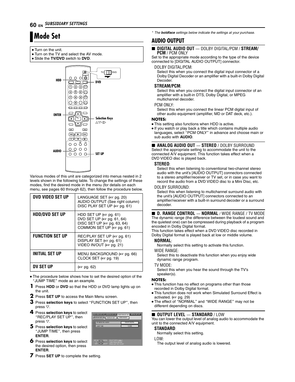 Mode set, Audio output | JVC SR-DVM700U User Manual | Page 60 / 88