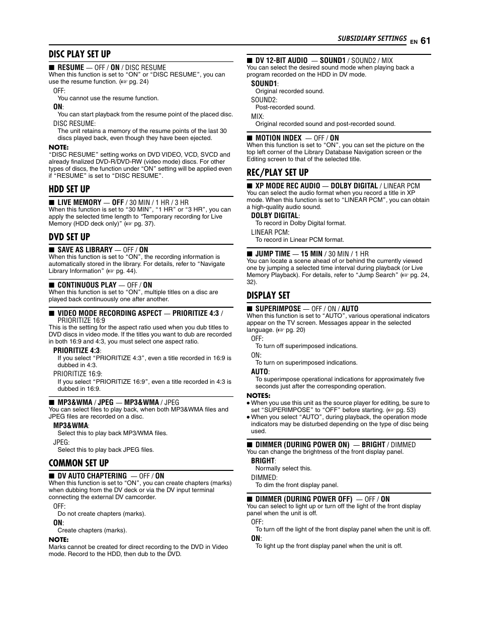 Disc play set up, Hdd set up, Dvd set up | Common set up, Rec/play set up, Display set | JVC SR-DVM700U User Manual | Page 61 / 88