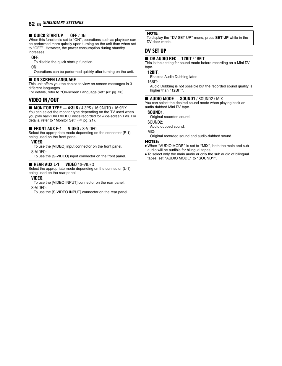 Video in/out, Dv set up | JVC SR-DVM700U User Manual | Page 62 / 88