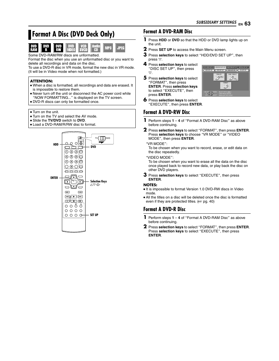 Format a disc (dvd deck only), Format a dvd-ram disc, Format a dvd-rw disc | Format a dvd-r disc | JVC SR-DVM700U User Manual | Page 63 / 88