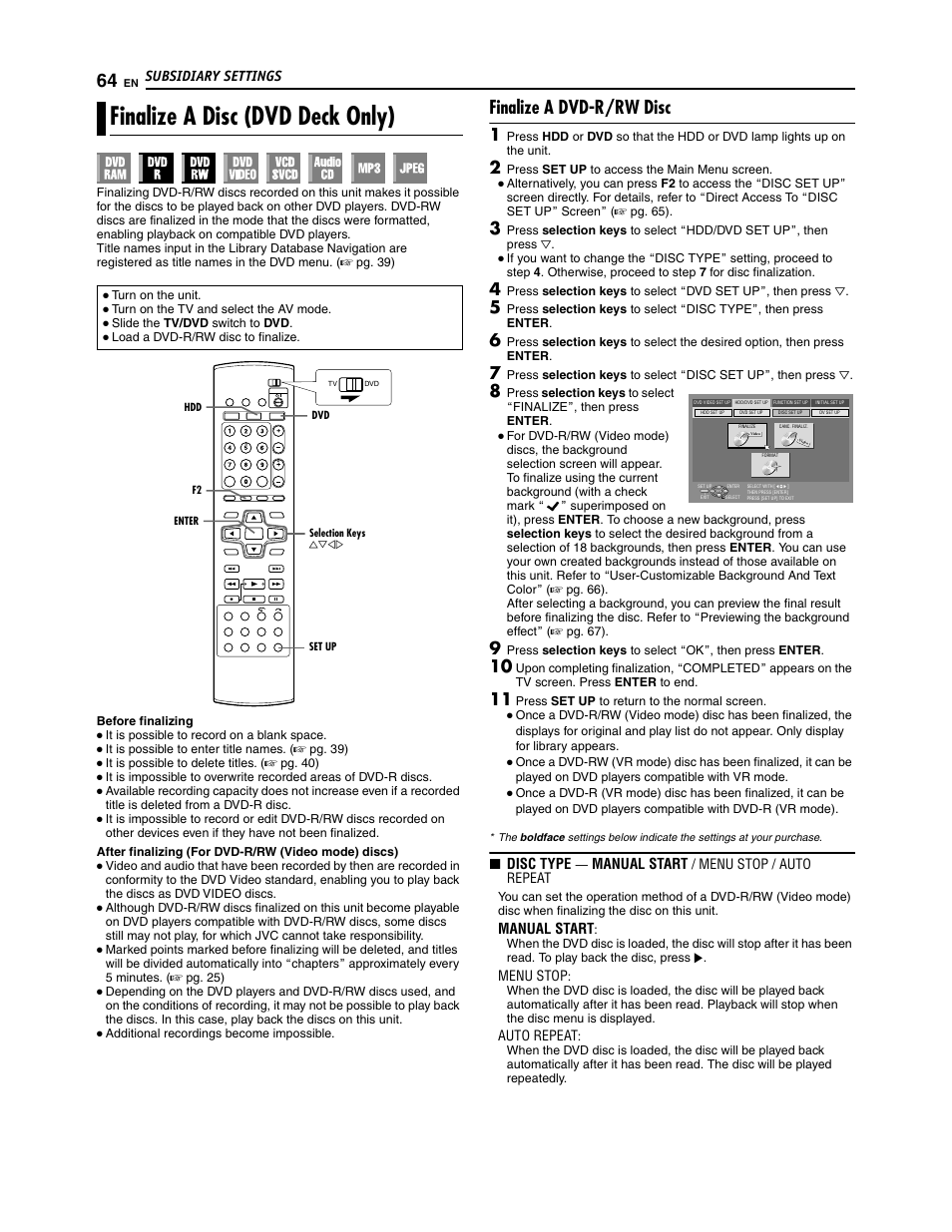 Finalize a disc (dvd deck only), Finalize a dvd-r/rw disc | JVC SR-DVM700U User Manual | Page 64 / 88