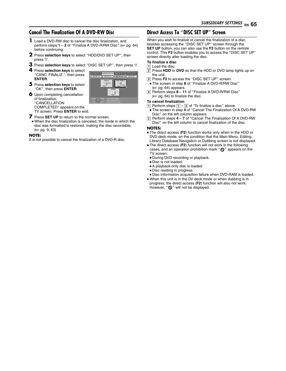 Cancel the finalization of a dvd-rw disc, Direct access to adisc set upb screen | JVC SR-DVM700U User Manual | Page 65 / 88