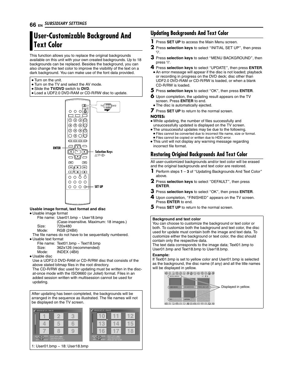 User-customizable background and text color, Updating backgrounds and text color, Restoring original backgrounds and text color | JVC SR-DVM700U User Manual | Page 66 / 88