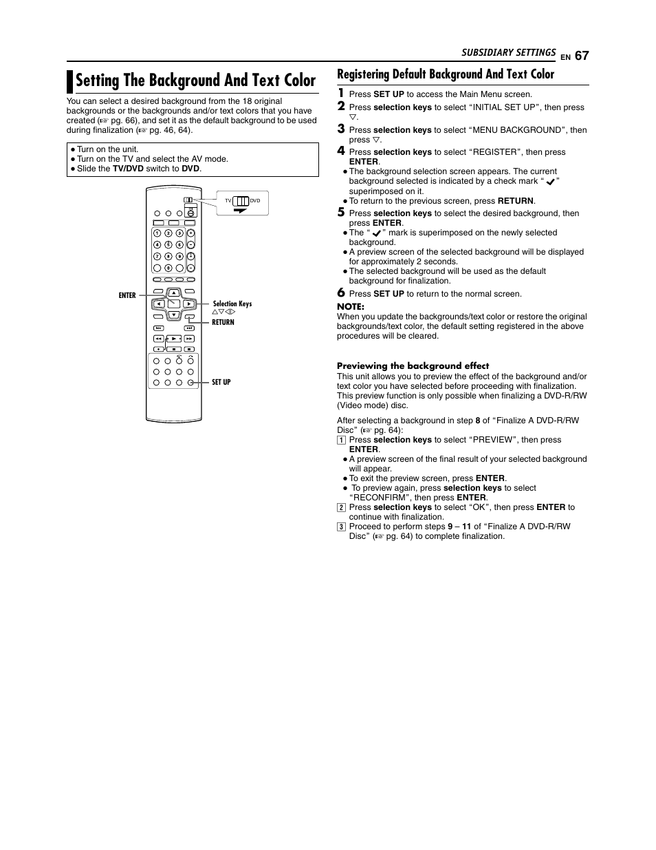 Setting the background and text color, Registering default background and text color | JVC SR-DVM700U User Manual | Page 67 / 88