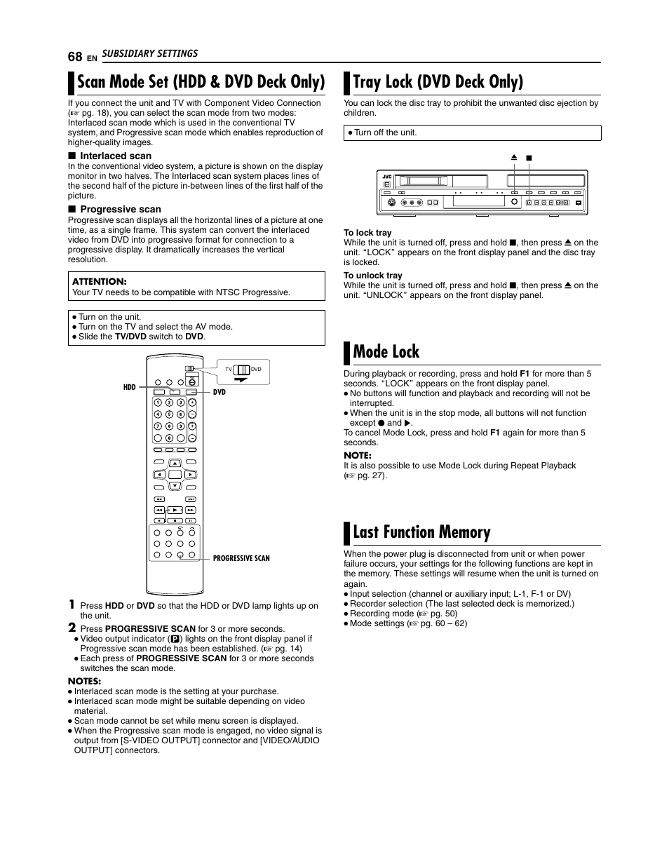 Scan mode set (hdd & dvd deck only), Tray lock (dvd deck only) | JVC SR-DVM700U User Manual | Page 68 / 88