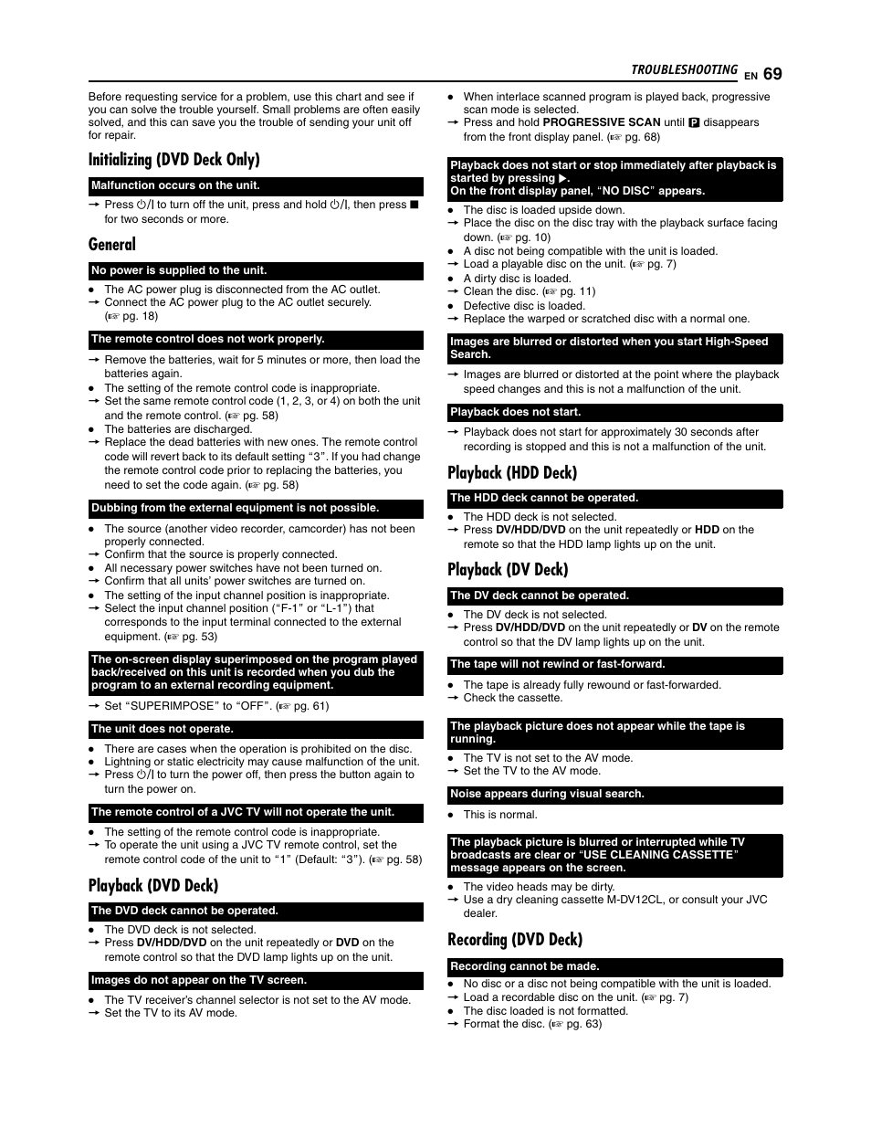 Initializing (dvd deck only), General, Playback (dvd deck) | Playback (hdd deck), Playback (dv deck), Recording (dvd deck) | JVC SR-DVM700U User Manual | Page 69 / 88