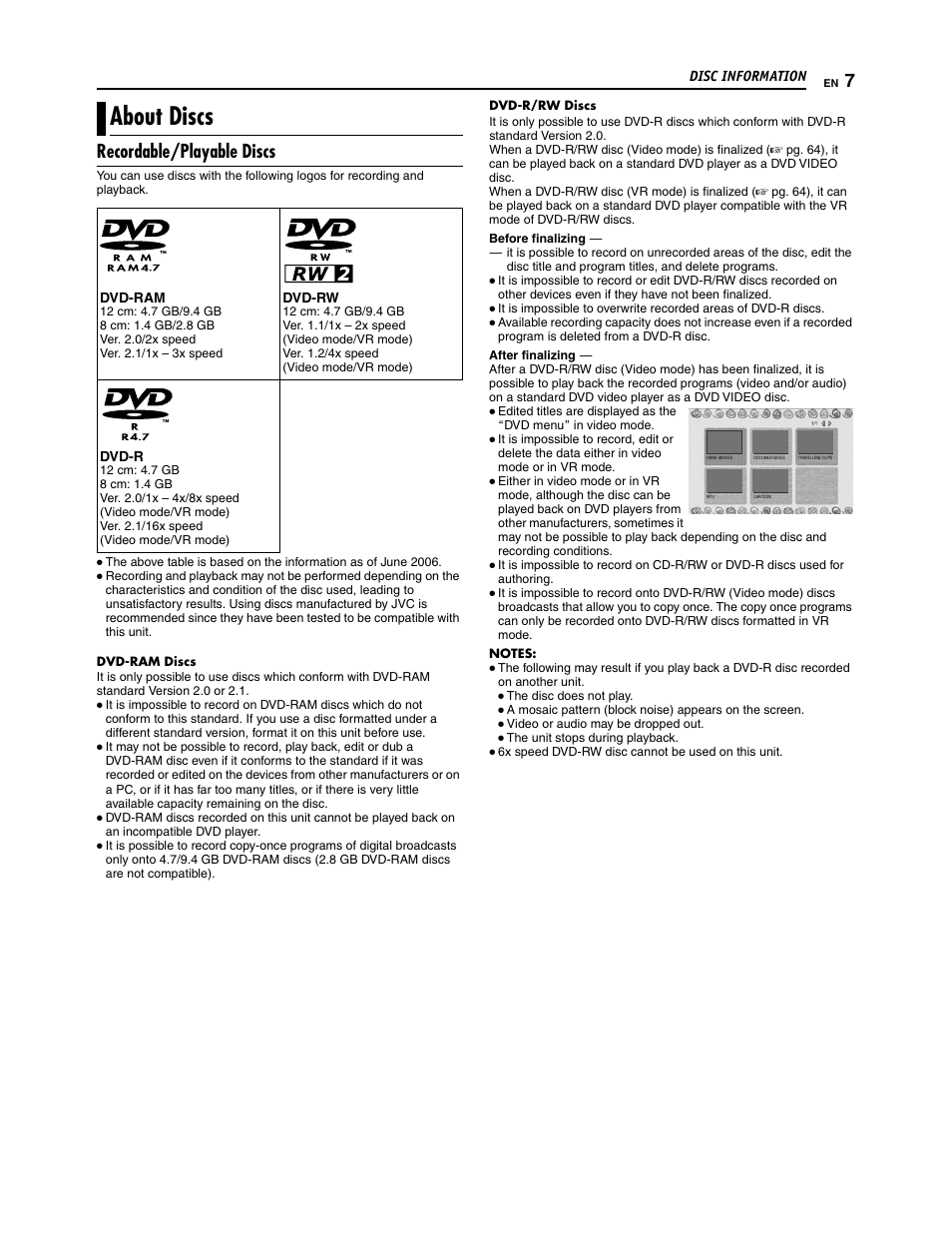 About discs, Recordable/playable discs | JVC SR-DVM700U User Manual | Page 7 / 88