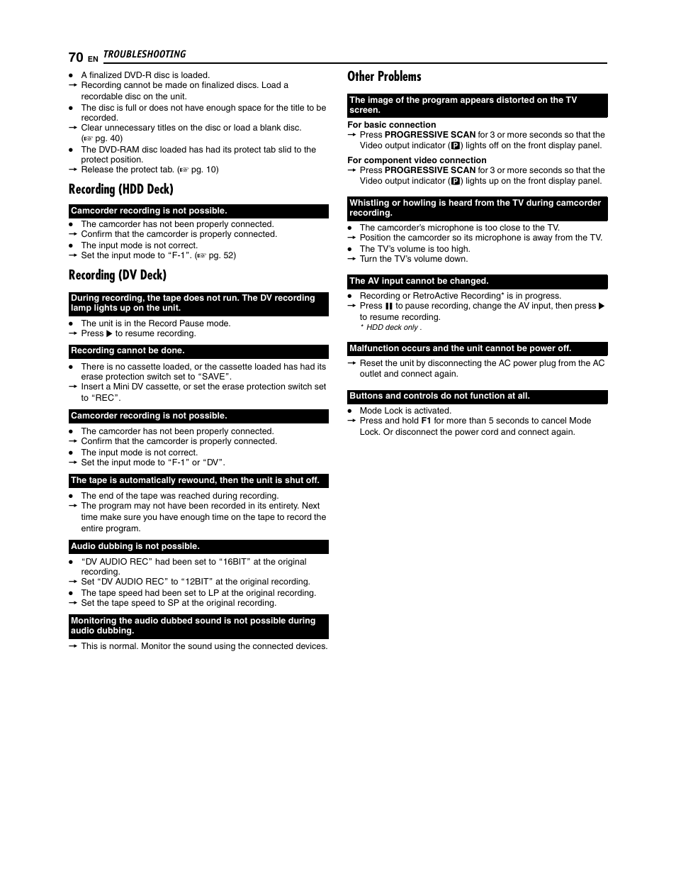 Recording (hdd deck), Recording (dv deck), Other problems | JVC SR-DVM700U User Manual | Page 70 / 88