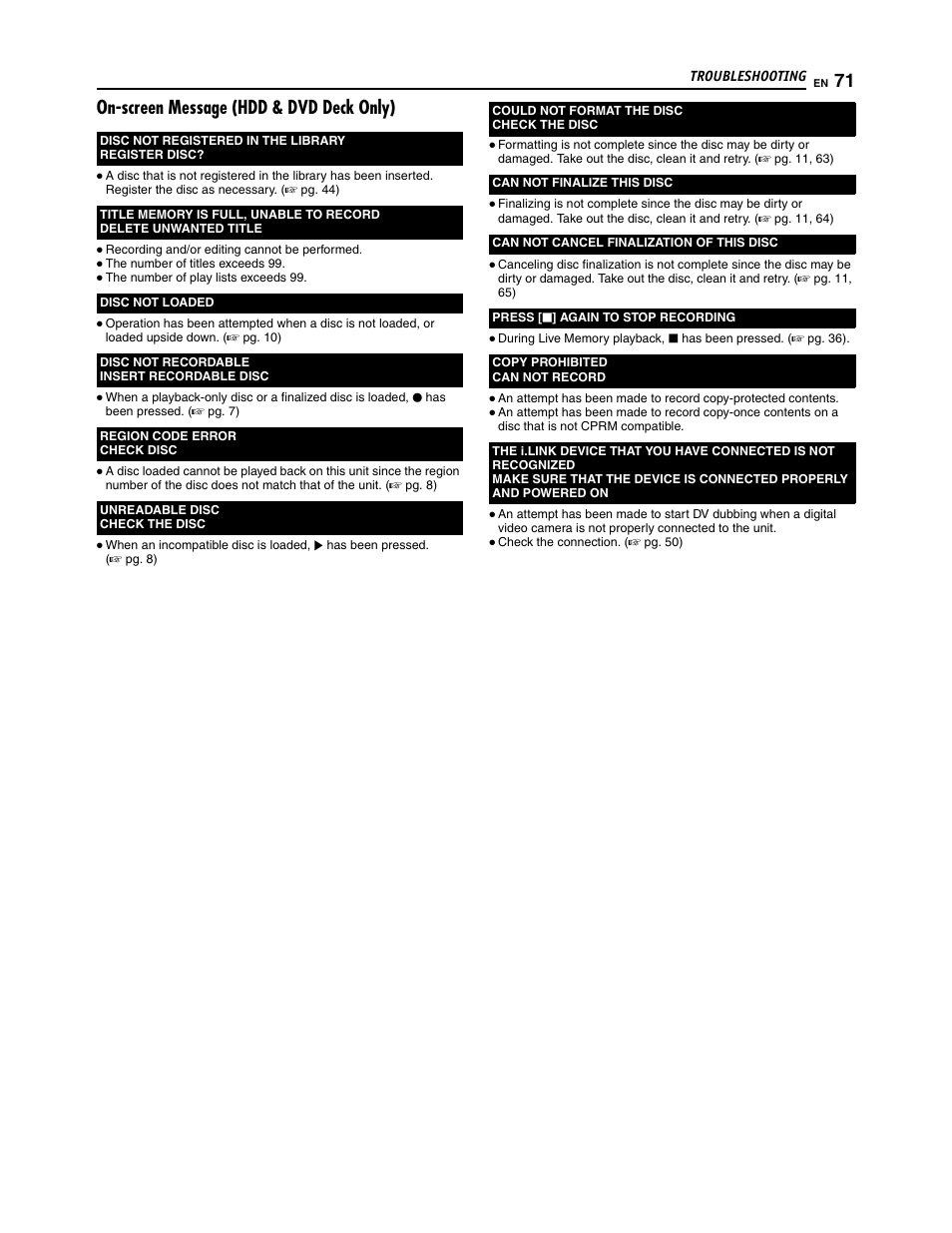 On-screen message (hdd & dvd deck only) | JVC SR-DVM700U User Manual | Page 71 / 88