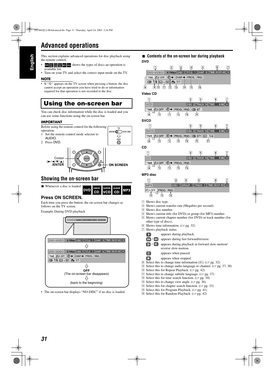 Advanced operations, A pg. 31, 31 t | A pg. 31), Using the on-screen bar, Showing the on-screen bar | JVC TH-M42 User Manual | Page 100 / 130