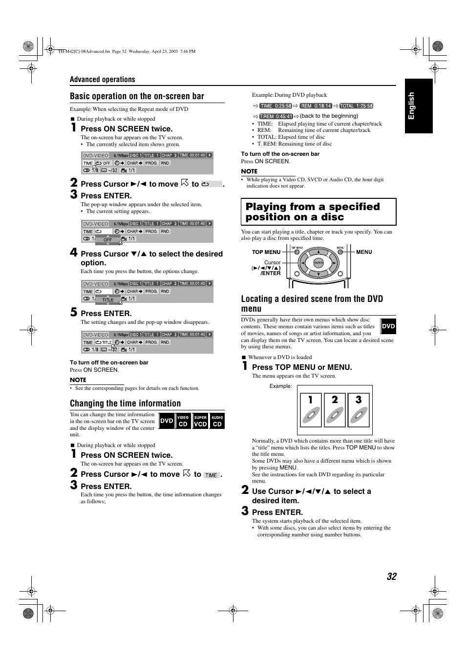 A pg. 32, A pg. 32), Playing from a specified position on a disc | Basic operation on the on-screen bar, Changing the time information, Locating a desired scene from the dvd menu | JVC TH-M42 User Manual | Page 101 / 130