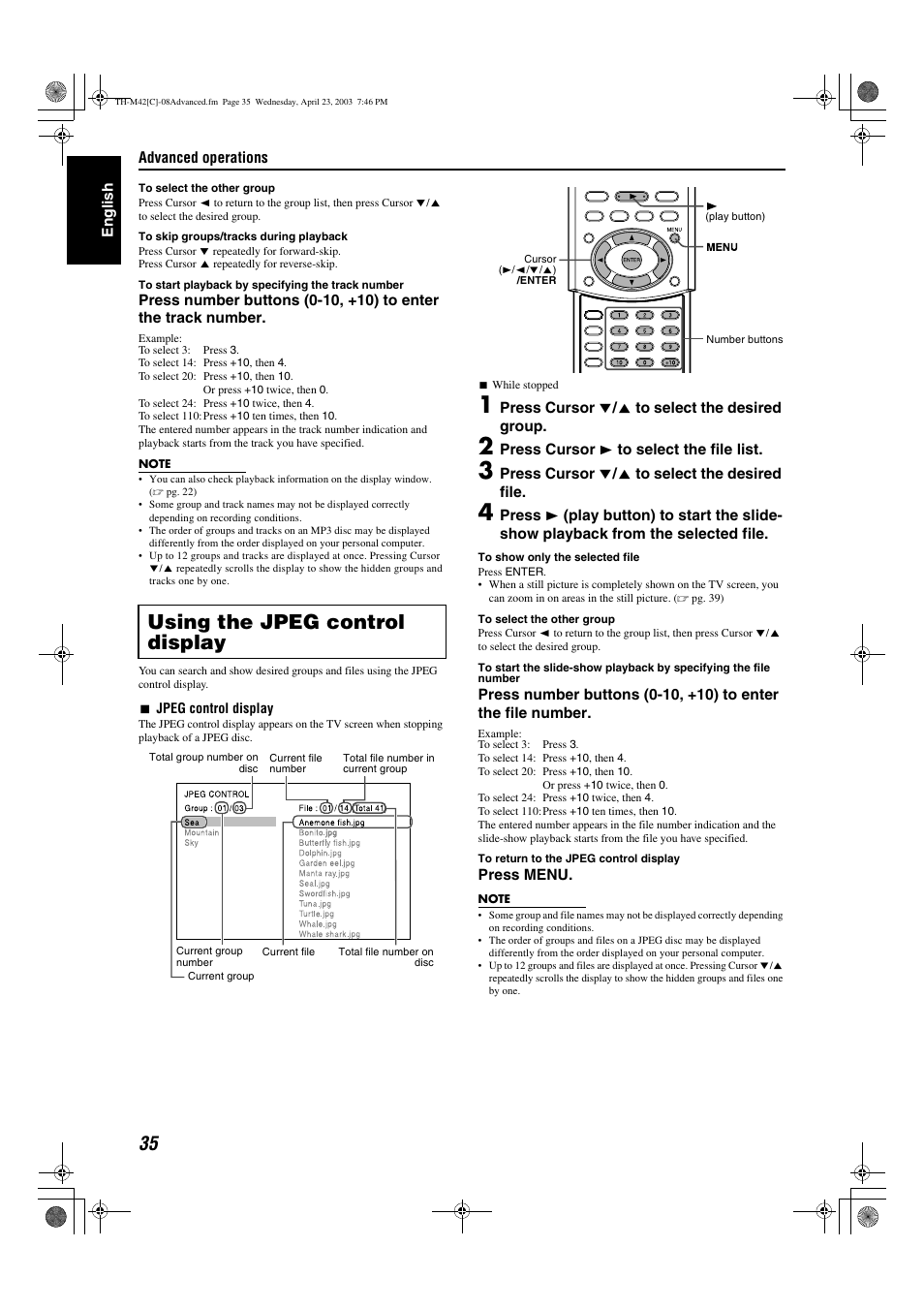 A pg. 35) app, Using the jpeg control display | JVC TH-M42 User Manual | Page 104 / 130