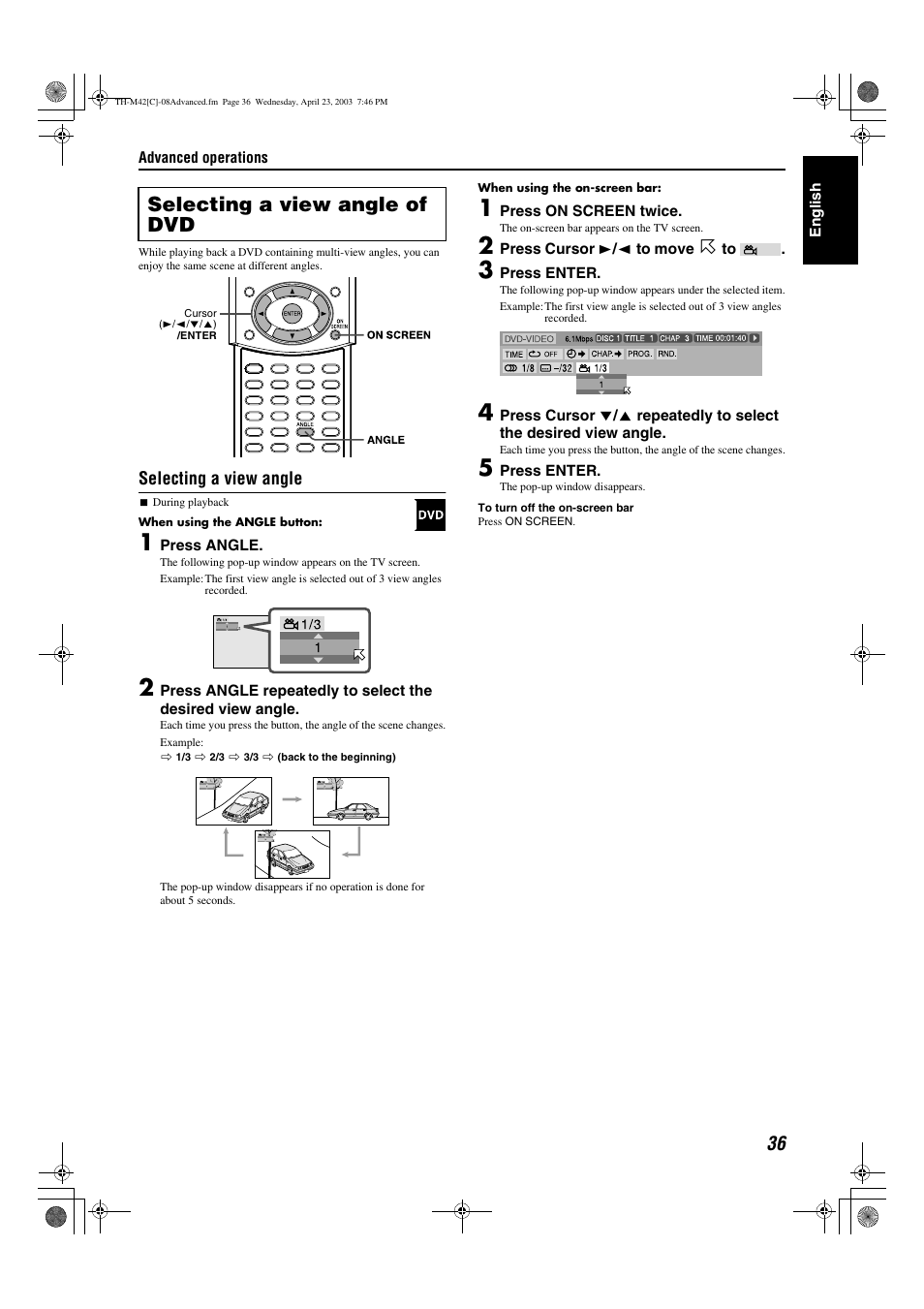 A pg. 36, Angle, A pg. 36) | Selecting a view angle of dvd, Selecting a view angle | JVC TH-M42 User Manual | Page 105 / 130